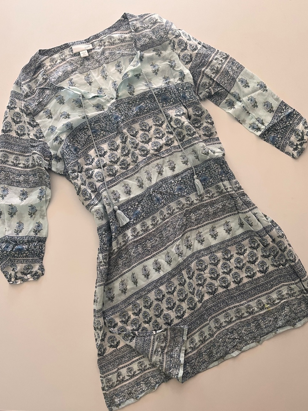 J. Jill Blue Floral Cotton Tunic Top Boho Artsy Earthy Hippie- XS Good Condition